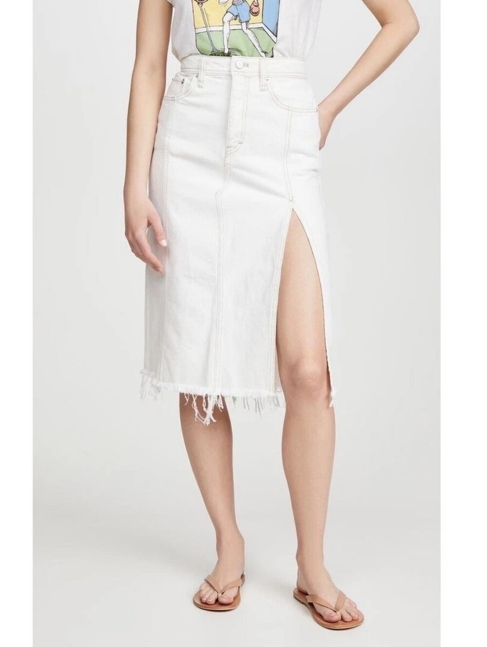 Free People Mambo Denim Midi Skirt In Ivory Size 31